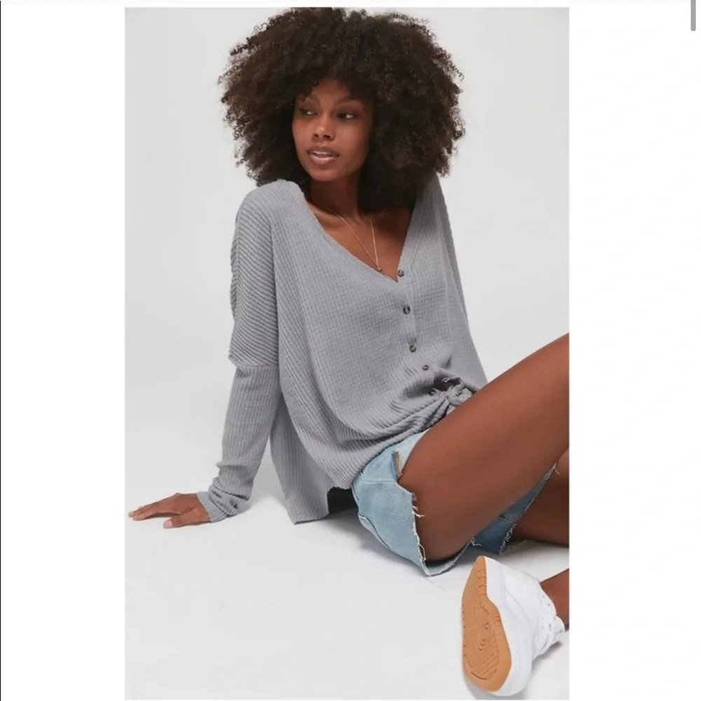 Urban Outfitters Out From Under Gray Jojo Oversized Button Front Thermal Top XS